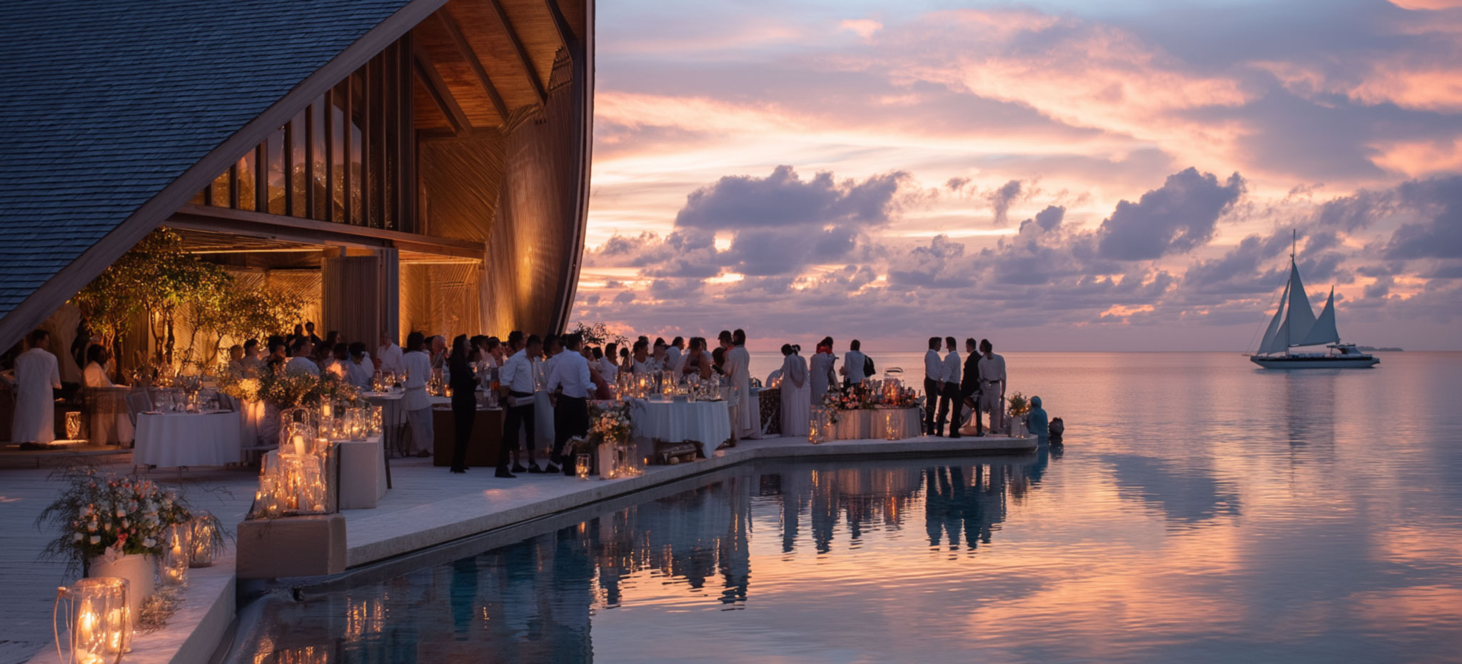 Sunset soirée with guests and ambient lights