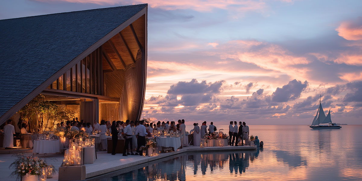 Guests at a sunset beach soirée
